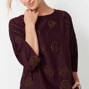 Pure Jill Embroidered Cotton Top Boxy Eggplant Brown Textured Womens Large